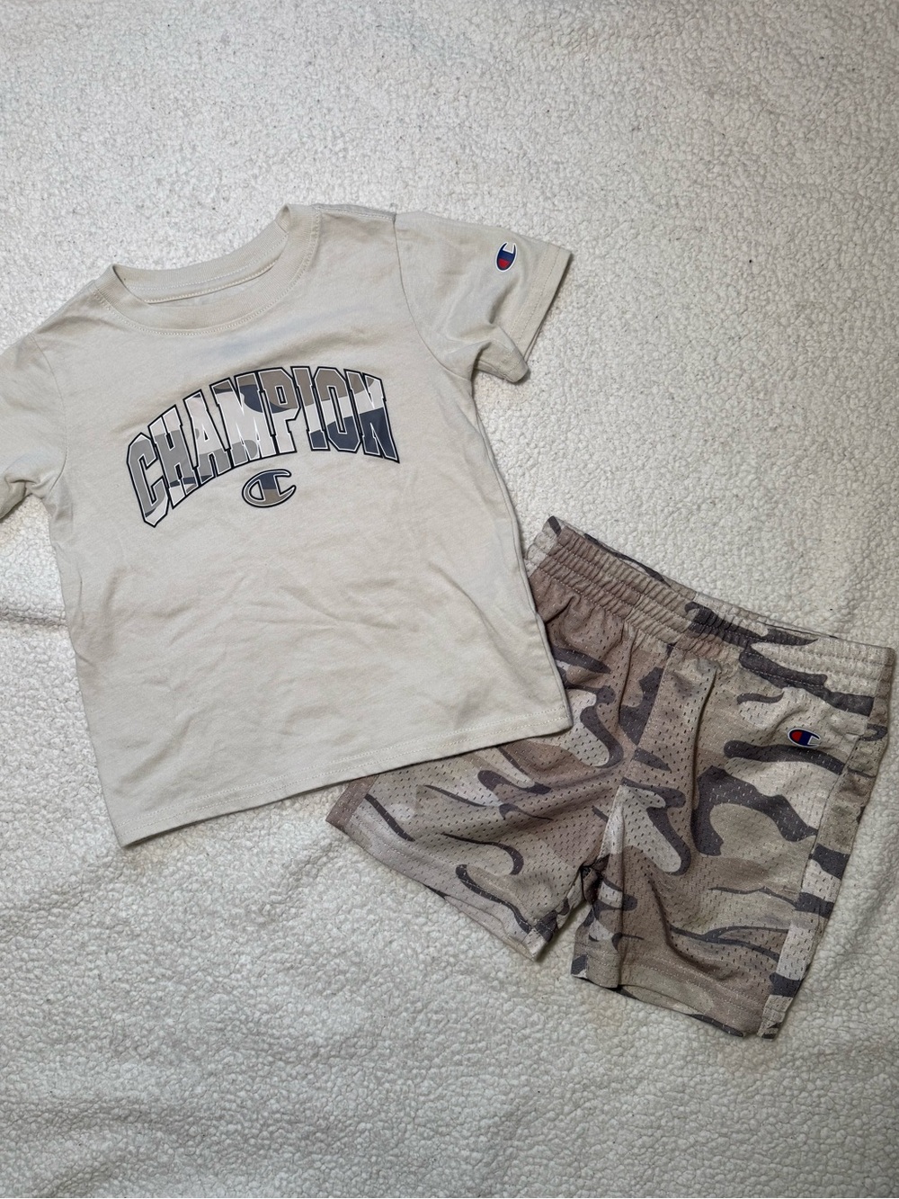 Champion Cream Logo Tee with Beige Camo Shorts